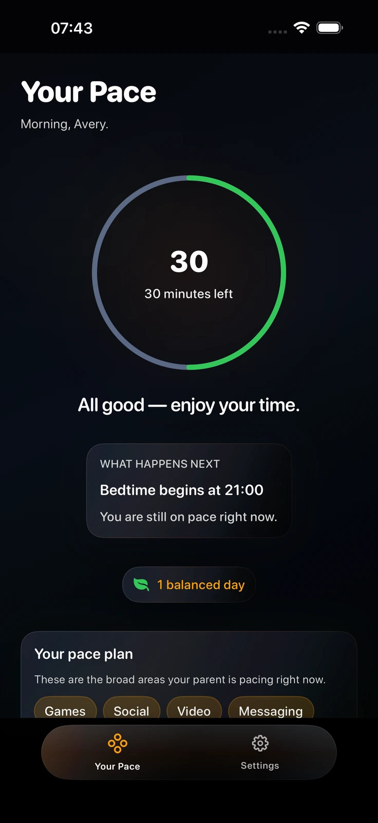 PaceOut child screen showing 30 minutes left