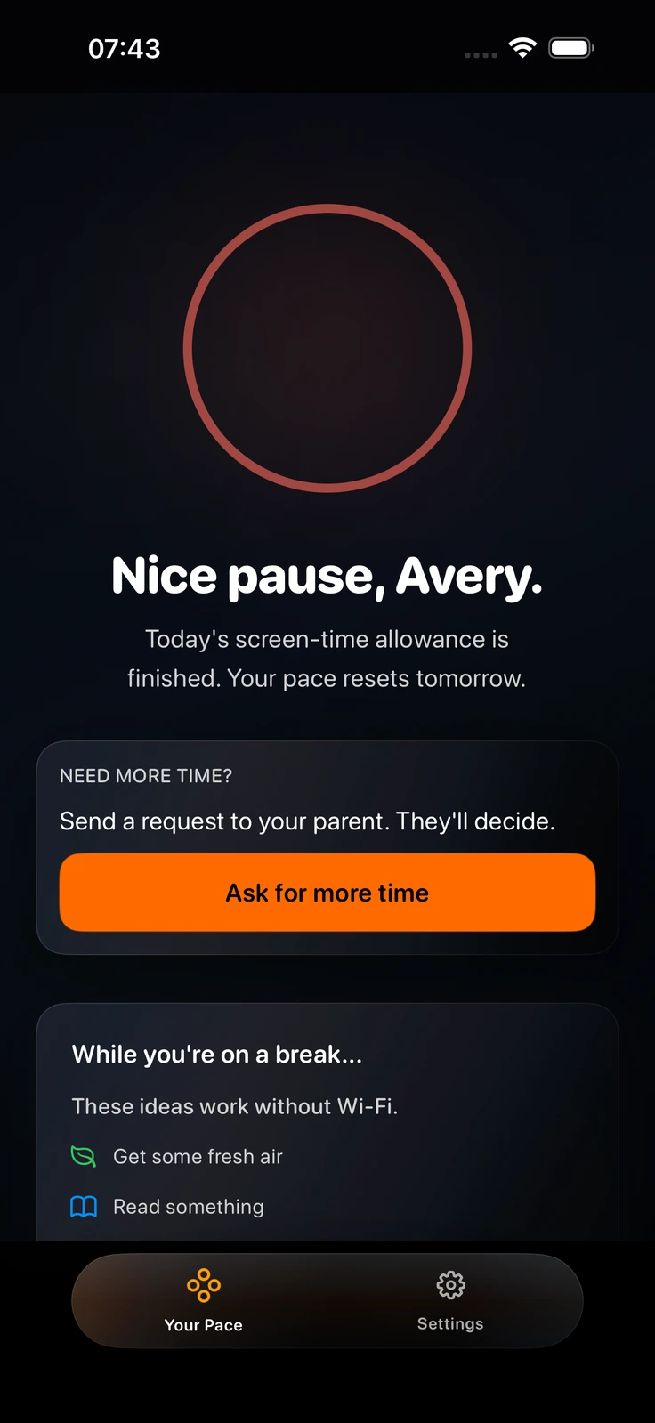 PaceOut Calm Break screen on child iPhone