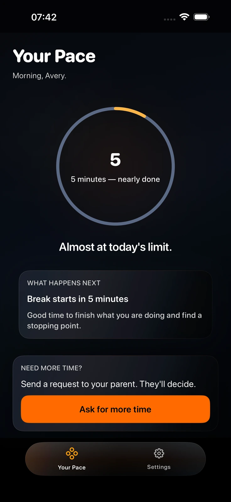 PaceOut child Wind Down screen showing a clear transition cue