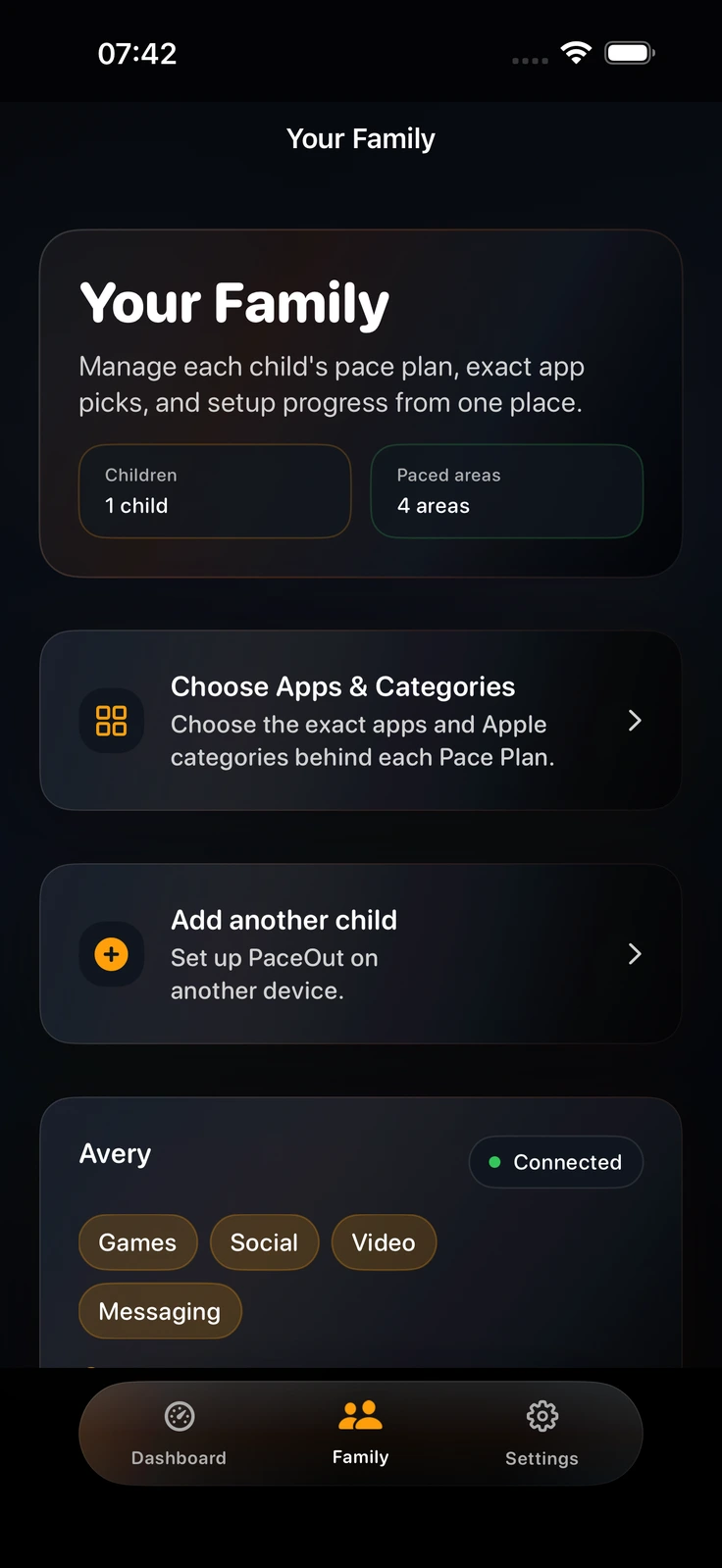 PaceOut Family Overview showing connected family pace states