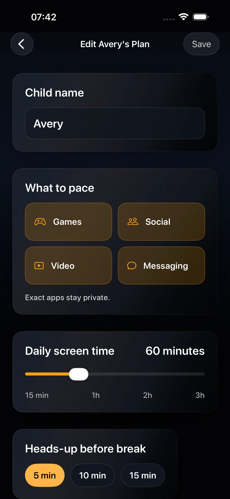 PaceOut parent Pace Plan screen with categories, allowance, and warning settings