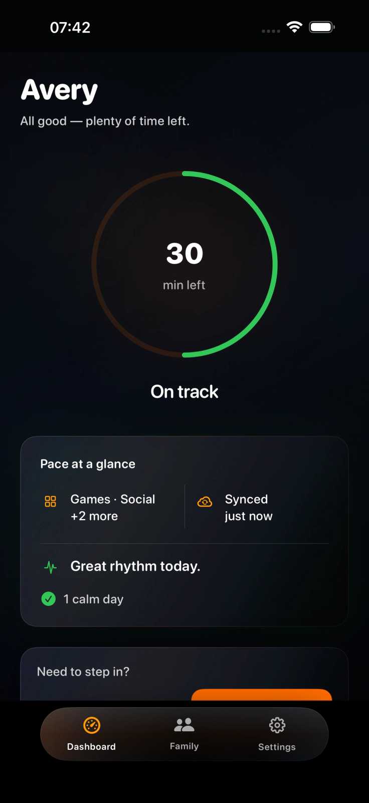 PaceOut parent dashboard showing a daily screen-time rhythm