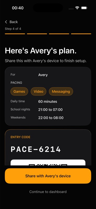 Parent's plan summary showing daily allowance, school nights, weekends, and an entry code to share with the child's device