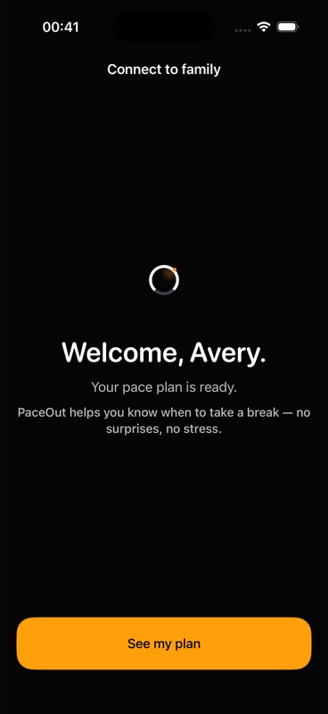Child's device showing the welcome screen confirming the pace plan is ready