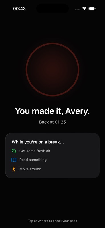 Child's calm break screen showing when apps will be available again and gentle suggestions for the break