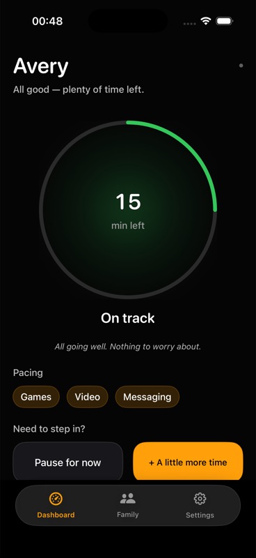 Parent dashboard showing the child's current pace with the add-time button highlighted