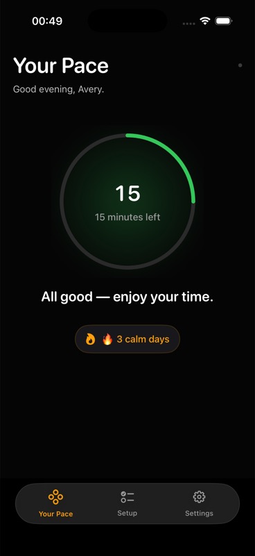 Child's on-track pace view with calm streak counter and remaining time